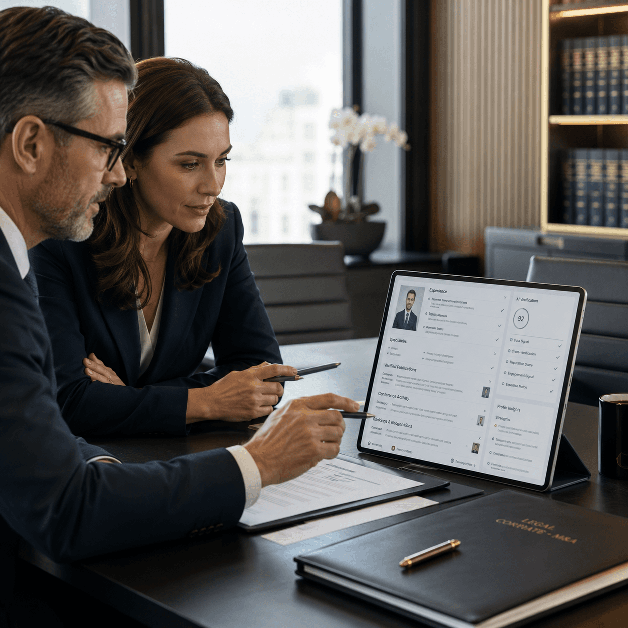 Profesionales legales revisando un perfil verificado con evidencia en una tablet